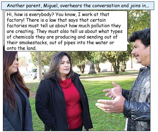 Miguel says “Hi, how is everybody? You know, I work at that factory! There is a law that says that certain factories must tell us about how much pollution they are creating. They must also tell us about what types of chemicals they are producing and sendi