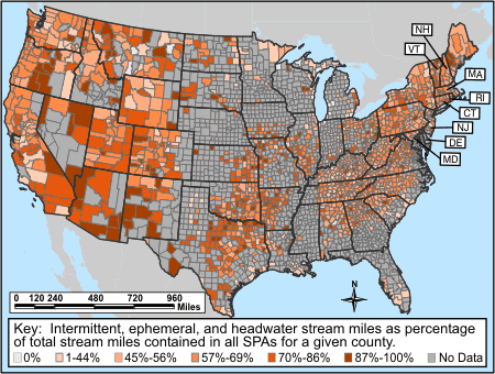 Intermittent, ephemeral, and headwater stream miles as percentage of total stream miles contained in all SPAs for a given county