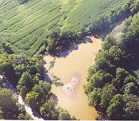 Photo showing brown water from sediment that eventually lead to the creation of a sandbar in the center of this channel.