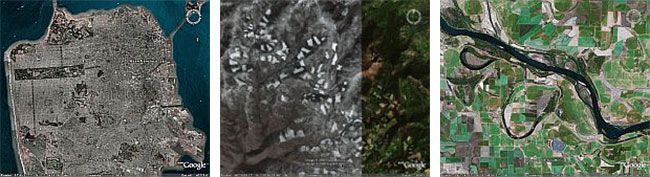 this is a series of 3 aerial photos showing a city with mostly blacktop and buildings, a deforested logging area, and farming land beside a river.