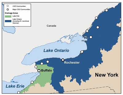 Map of CSOs in New York that drain to the Great Lakes Basin