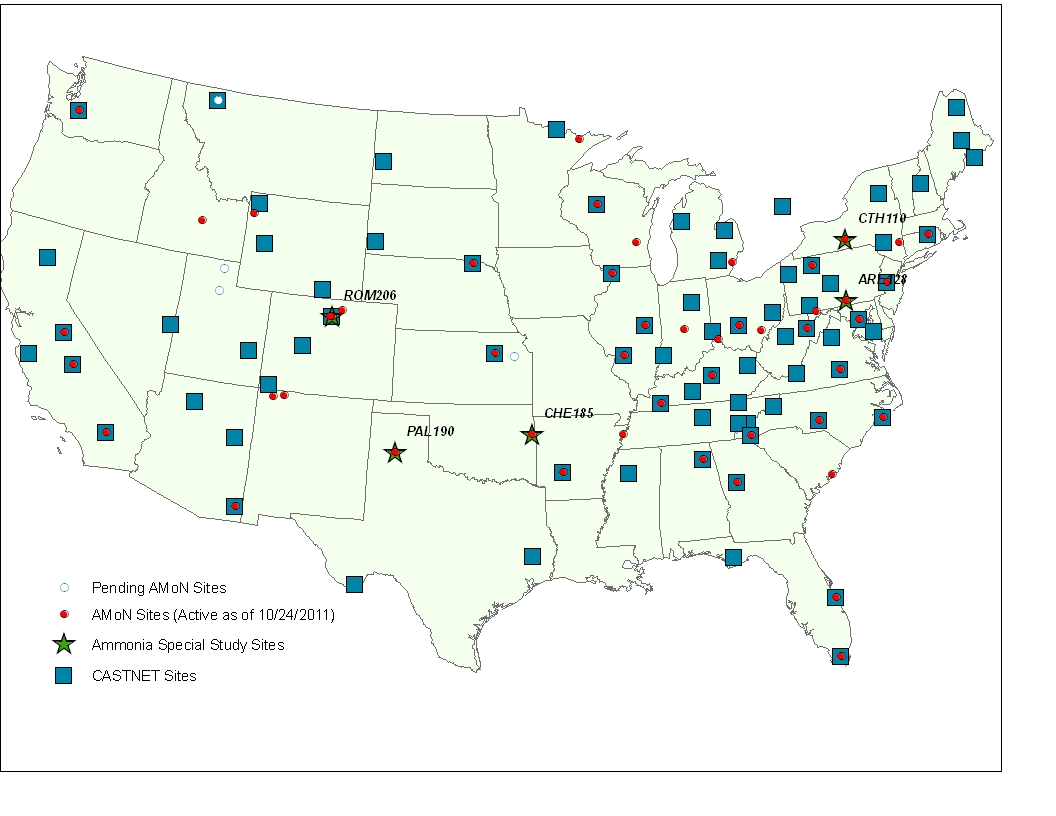 Map of active sites (as of 10/24/2011) in AMoN and CASTNET showing the five sites participating in the ACCS study