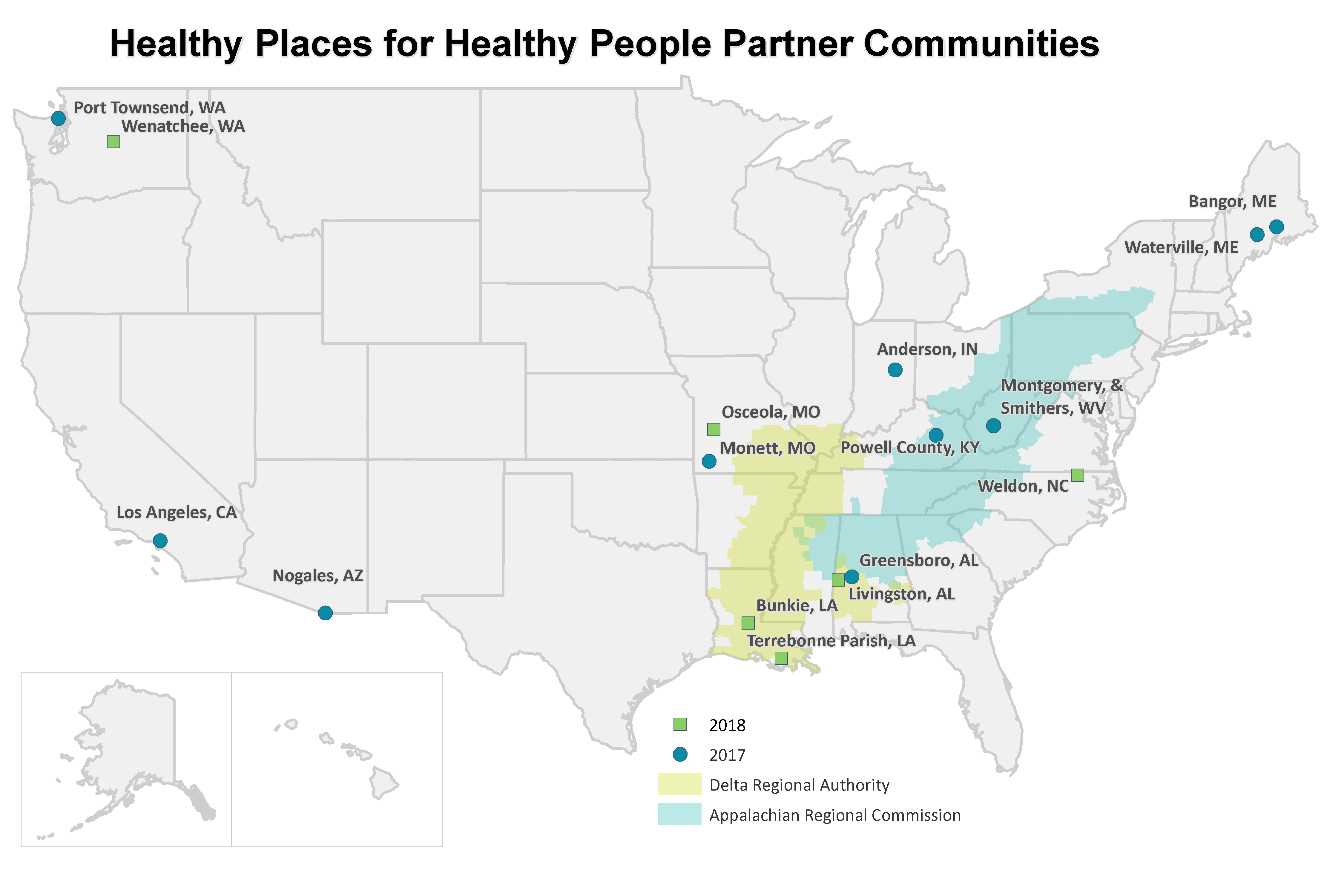 Map of the United States showing the 16 partner communities served from 2017 to 2018 by the Healthy Places for Healthy People program. It also shows highlighted areas served by the Delta Regional Authority and Appalachian Regional Commission