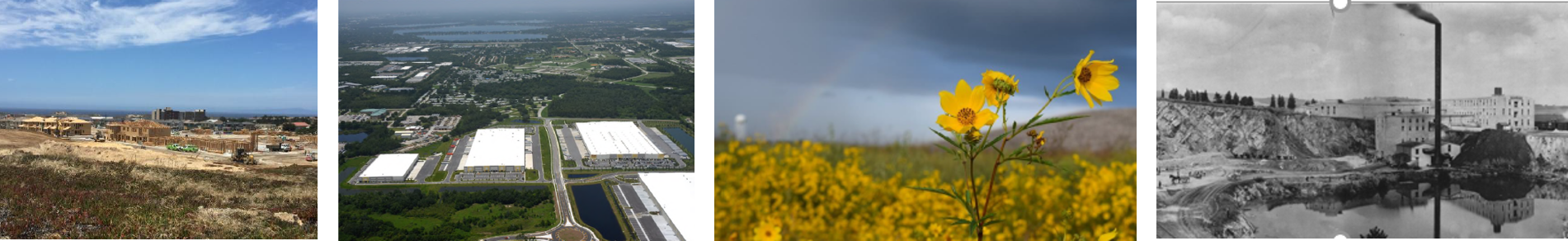 Four seperate photos including a construction site, an aerial view of buildings, a close up of a flower, and a historic black and white photo of a building