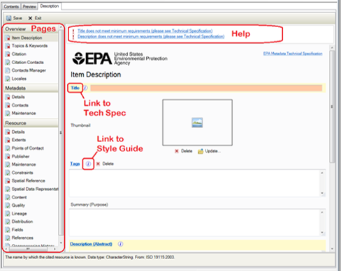 Image highlighting areas to update or complete in EME 5. This also shows links to style guide and technical documentation.