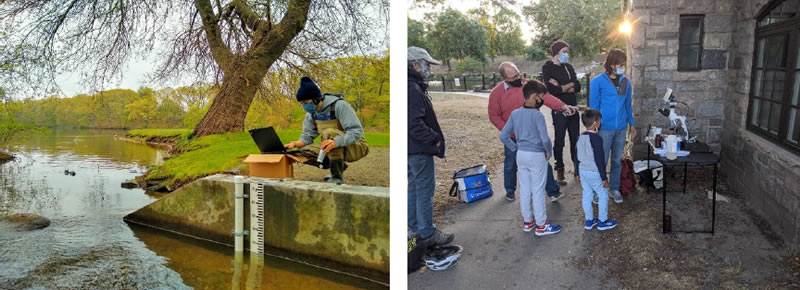 (Left) Water level monitoring equipment being programmed. (Right) Demonstration to volunteers about the Cyanoscope monitoring program