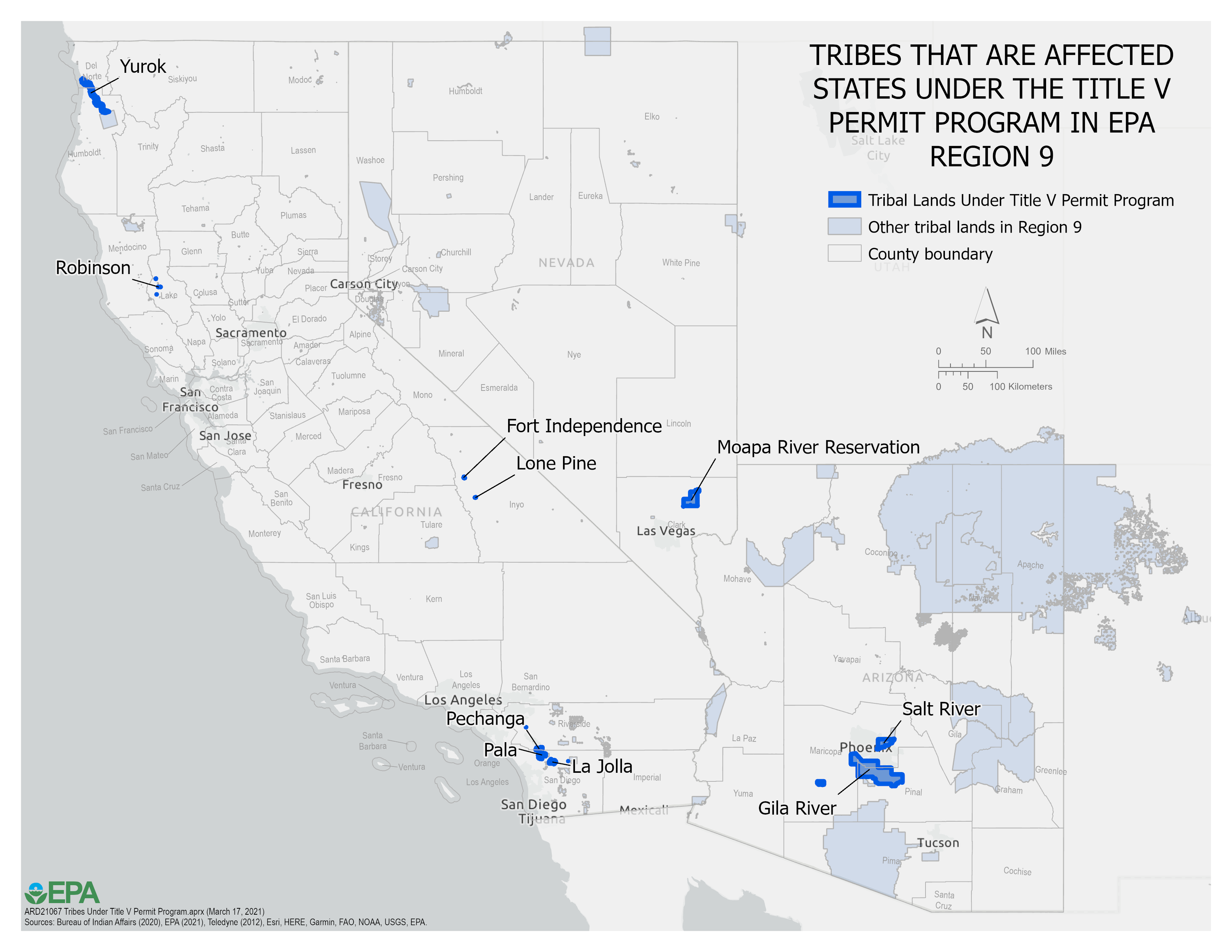 Map of Western United States (AZ, CA, NV) with locations of tribes approved for TAS