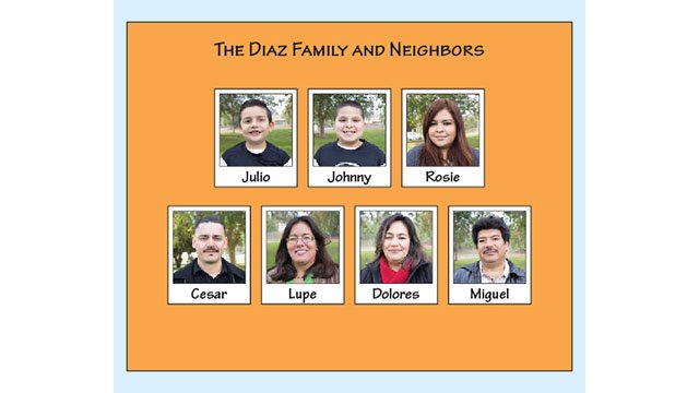 Portrait photographs of the Diaz Family and Neighbors. Photographs include Julio, Johnny, Rosie, Cesar, Lupe, Dolores, and Miguel.