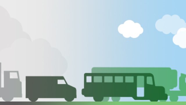 Graphic picturing vehicles moving from grey soot to clear blue skies 