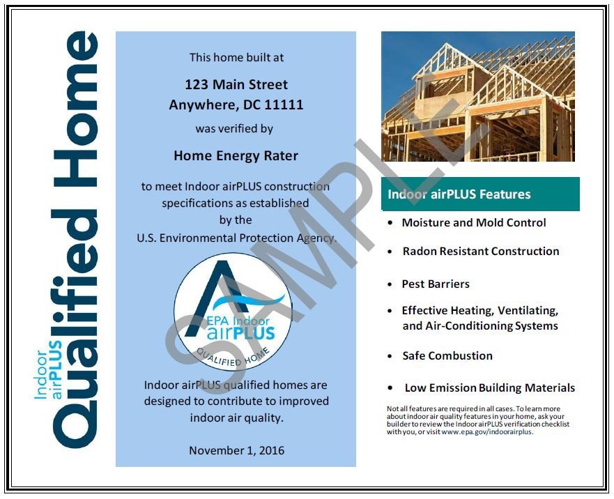 Sample of an Indoor airPLUS Qualified Home Certificate