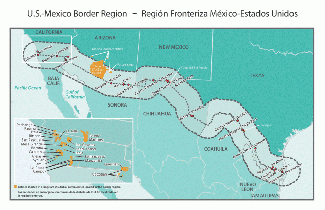 Geographic map of the United States- Mexico border program region. Fourteen sister cities and tribal lands are highlighted.