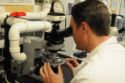 scientist looking into microscope