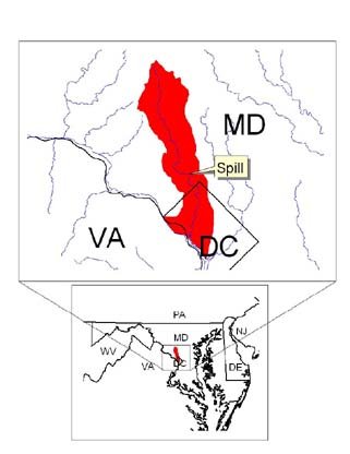 A map of the Greater Washington, District of Columbia Metro Area identifying the location of a toxic chemical spill in Rock Creek that killed 150,000 fish.