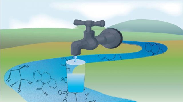 Image of a stream contaminated with chemicals with an image of faucet filling up glass