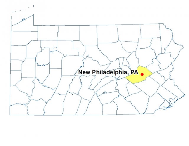 A map of Pennsylvania highlighting the location of New Philadelphia