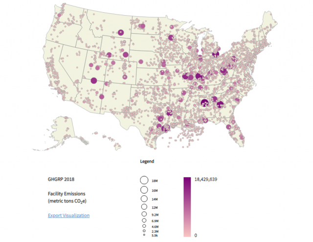 Map showing GHGRP facility locations, sized and colored by emissions quantities