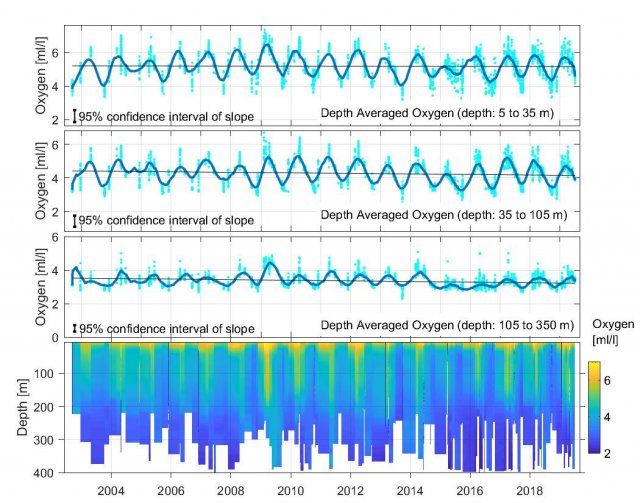 Chart showing seasonal trends of average dissolved oxygen concentration in the Strait of Georgia from 2002-2019.