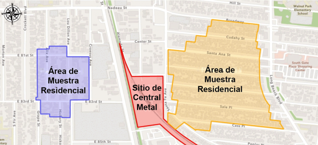 El área residencial de muestras a la izquierda del sitio de Central Metal se encuentra en el vecindario de Florence-Firestone. La mayor parte de esta área de muestra residencial está delimitada por East 81th Street al norte, East 83rd Street al sur, Crockett Boulevard al oeste y Croesus Avenue al este. El área de muestra residencial a la derecha del sitio de Central Metal se encuentra en el vecindario de Walnut Park. La mayor parte de esta área de muestra residencial está delimitada por Broadway Avenue al norte, Cass Place al sur, Santa Fe Avenue al oeste y Long Beach Boulevard al este.