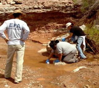 Workers taking water samples from a creek