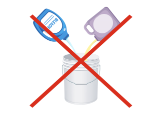 a red X covering a bucket with two chemicals poured into it