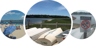 Image of people on beach, image of boats next to water, image of no shellfishing sign