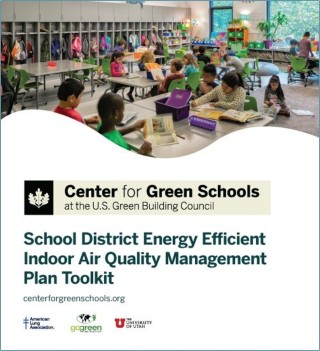 A classroom of students with text, "School District Energy Efficient Indoor Air Quality Management Plan Toolkit"