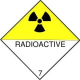 This image shows a diamond where the top half is yellow and contains the radiation trefoil, and the bottom half has the word RADIOACTIVE and the number 7.