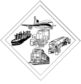 A diamond with the various methods of shipping radioactive material: a plane, a train, a boat, and a tanker truck. There is a picture of containers with markings in the middle.