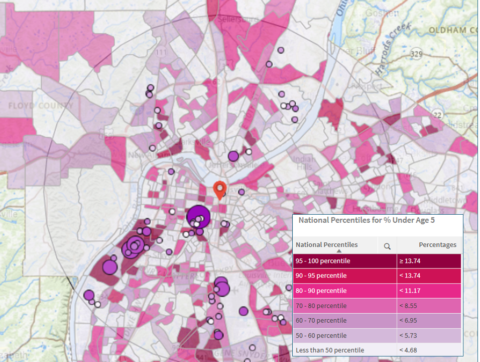 Map of facilities in Louisville KY with Census data showing population under 5 years old.