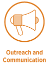 Icon representing "Outreach and Communication" with an orange illustrated bullhorn symbol.