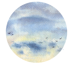 Painting of birds in a blue sky.