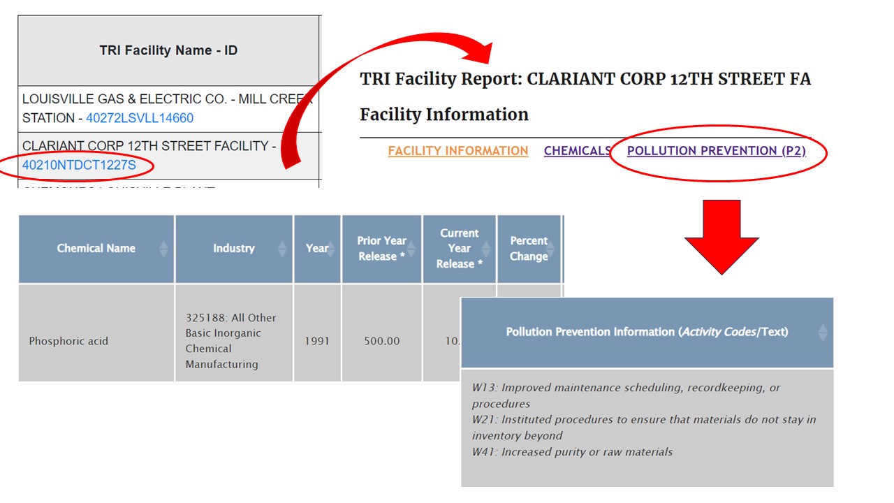 Screenshot from the TRI P2 Tool showing how to get details on reported P2 activities.