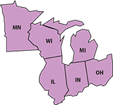 EPA Region 5 map, showing Minnesota, Wisconsin, Michigan, Ohio, Indiana, and Illinois.