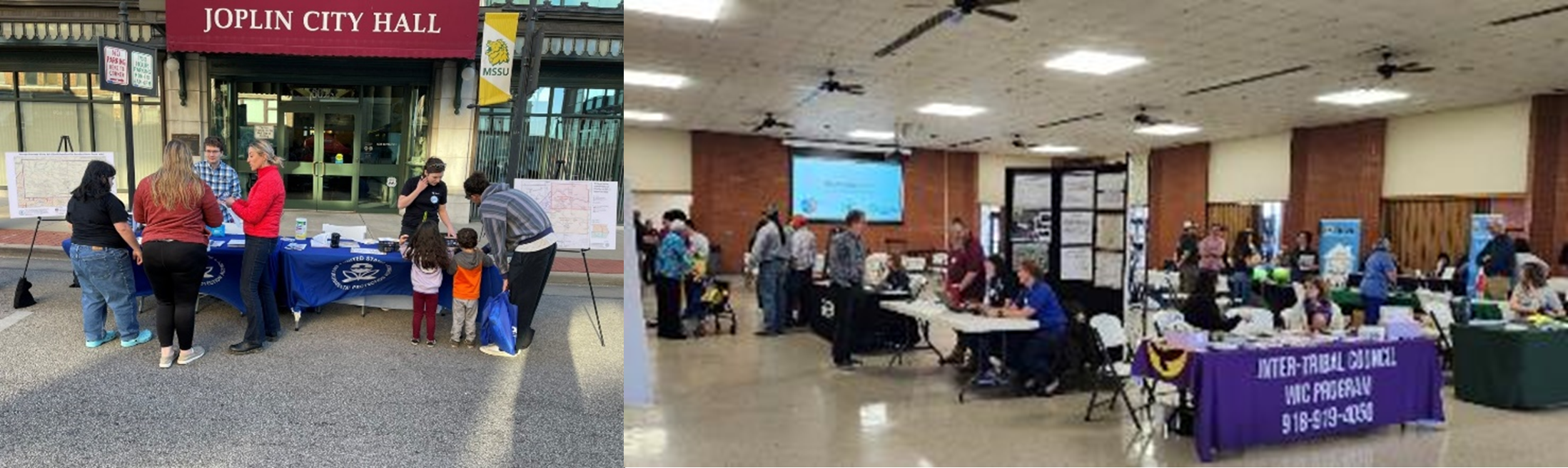 On the left, an image of a group of people around a table in front of Joplin City Hall. On the right, an image of booths at an open house.