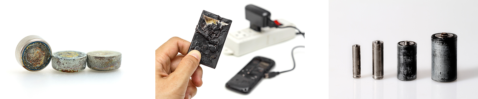 Series of three pictures showing different types of small format batteries.