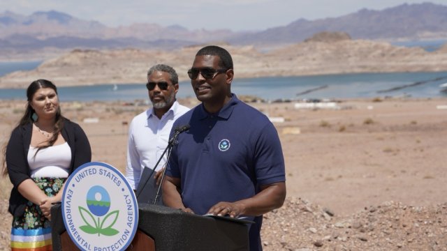 Administrator Regan at the podium at an event at Lake Mead