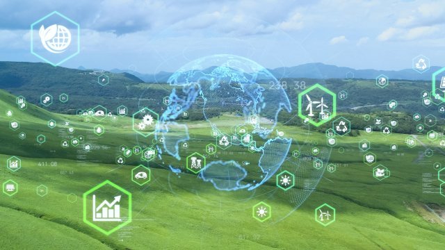 graphic of grass with graphs flying around