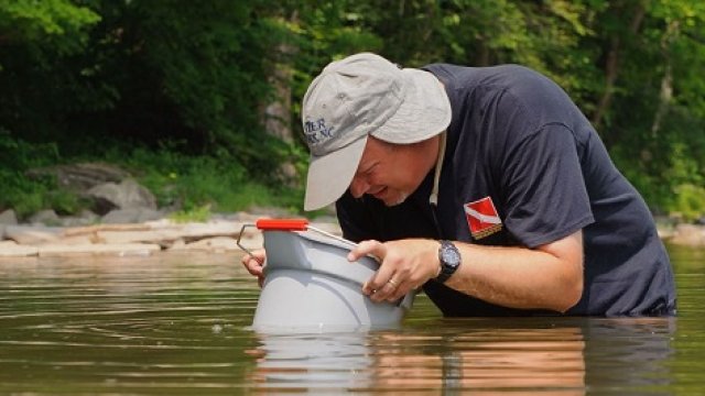 Man in water sampling water specimens