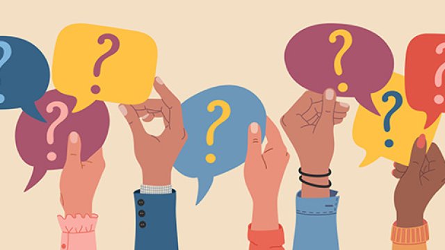 several hands in the air holding word bubbles with question marks in them