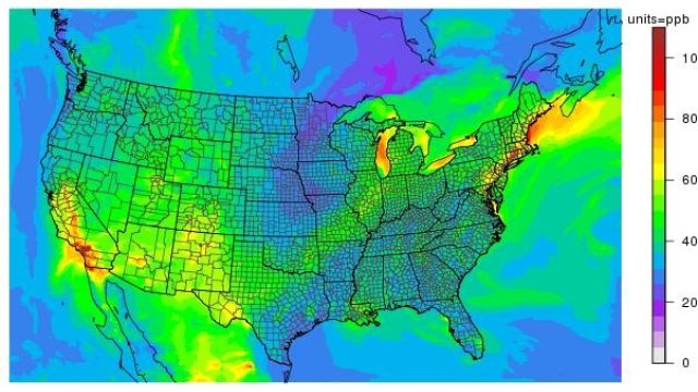 Ozone on a map of the US