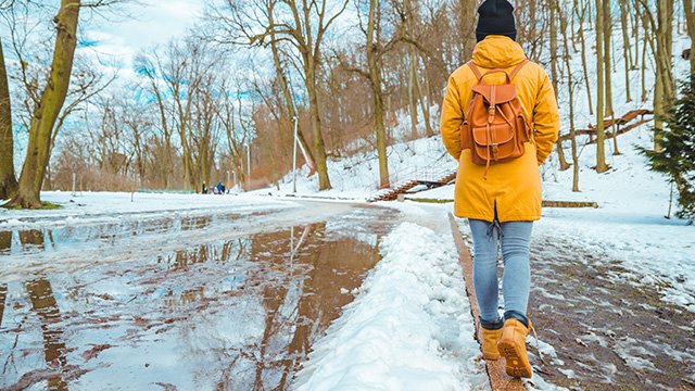 A person wearing a yellow jacket walks through a snowy forested landscape