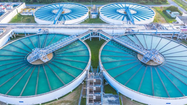 Aerial view of wastewater clarifiers