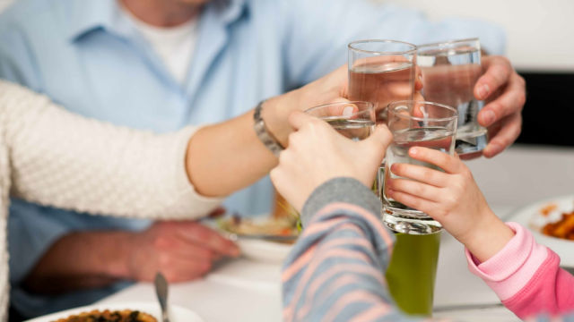 People sitting around table toasting water glasses