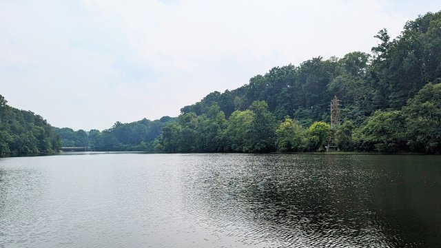 Downstream view of the Gorge Dam pool where former USEPA vessel, the RV Mudpuppy, samples for contaminants in sediment. 