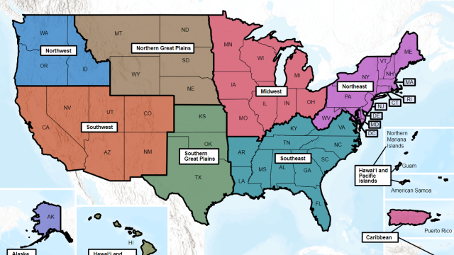 Map of the U.S. split and color-coded by region