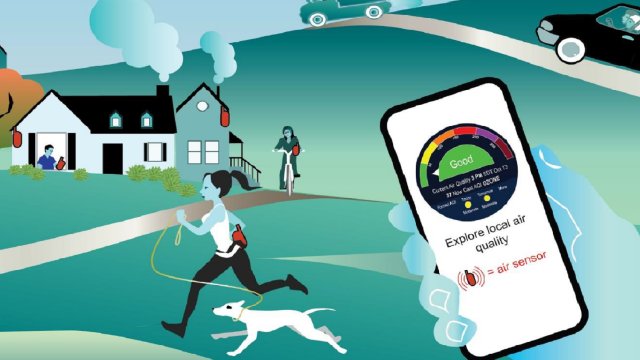 Cover image of the Enhanced Air Sensor Guidebook showing an illustration of people in a neighborhood environment with a hand holding a mobile phone with air sensor data in the foreground.