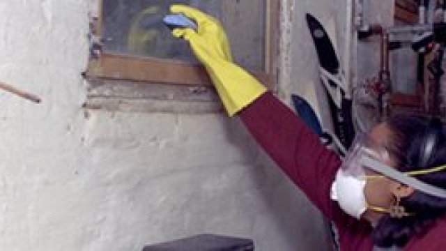 A woman wearing googles, a mask and gloves cleaning mold