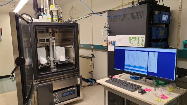 Photo of air sensors being evaluated in the EPA RTP laboratory.