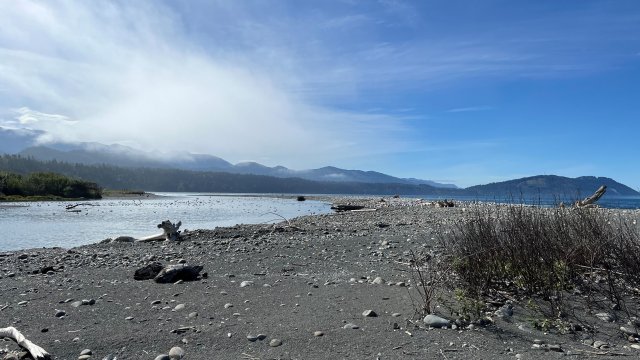 Sandbar alongside a river on a sunny day with mountains in background.