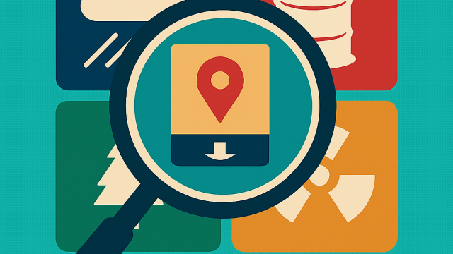 Grid of 4 environmental icons with a magnifying glass overlay, representing environmental topic searches. 